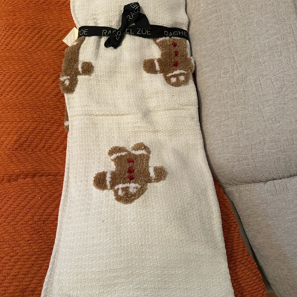Rachel Zoe White and Brown Holiday Blanket with Gingerbread Man Design